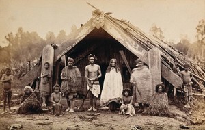 view New Zealand: a group of Maori in front of a traditional building. Albumen print.