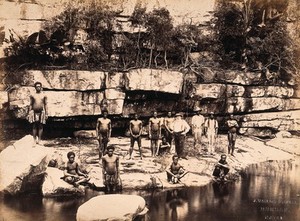 view Eshowe, South Africa: a group of Africans at Adam's Mill. Albumen print by J. Wallace Bradley.