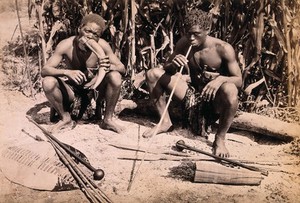 view Two African men smoking pipes. Albumen print.