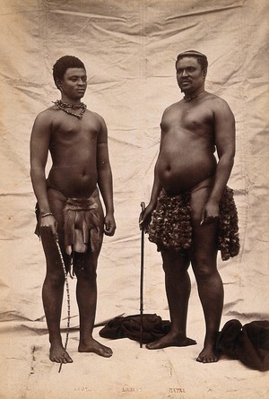 view South Africa: two African men; Dinizulu and Ndabuko (brother of Cetshwayo, the Zulu King). Albumen print.