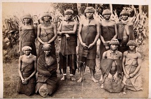 view South Africa: a group of African women witch doctors. Albumen print.