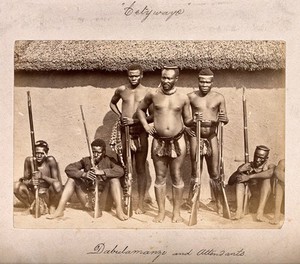 view South Africa: a group of Zulu men with rifles. Albumen print.