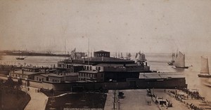 view Castle Garden, Ellis Island, New York: the emigrant landing depot and offices. Photograph, ca. 1880.