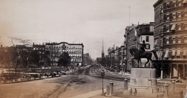 Union Square, New York City: showing the George Washington statue (right). Photograph, ca. 1880.