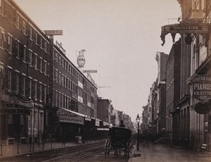 view Chestnut Street, Philadelphia, Pennsylvania: a horse and carriage in the foreground. Photograph by Francis Frith, ca. 1880.