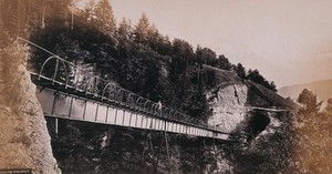 view Lucerne, Switzerland: the Rigi railway (Rigibahn) crossing a mountain pass. Photograph, ca. 1880.