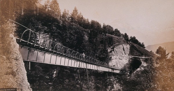 Lucerne, Switzerland: the Rigi railway (Rigibahn) crossing a mountain pass. Photograph, ca. 1880.