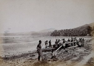 view Galoa Bay, Kadavu Island, Fiji: islanders by a boat on the shore. Photograph, ca. 1880.