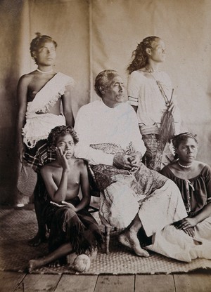 view Enele Maʻafu, a Tongan prince, seated with four attendants. Photograph, ca. 1880.
