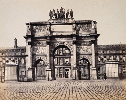 Arc de Triomphe du Carrousel, the Louvre forecourt, Paris. Photograph by Édouard Baldus, ca. 1860.