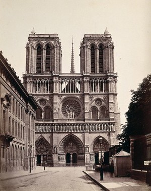 view Notre Dame Cathedral, Paris, France: west facade. Photograph by Achille Quinet, ca. 1870.