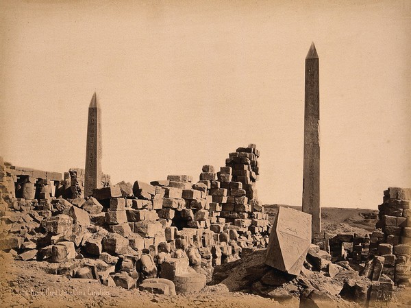 Karnak Temple, Luxor, Egypt: a courtyard with two obelisks. Photograph by Pascal Sébah, ca. 1875.