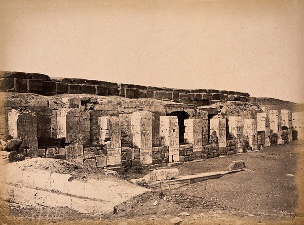 Abydos, Egypt: the Temple of Seti I: exterior facade. Photograph by Pascal Sébah, ca. 1875.