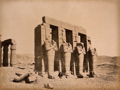 Luxor, Egypt: the Ramesseum (Temple of Ramesses II): four colossi in ruins. Photograph by Pascal Sébah, ca. 1875.