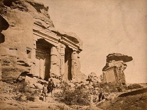 view Gébel Silsileh, Egypt: shrines in ruins; local people in the foreground. Photograph by Pascal Sébah, ca. 1875.