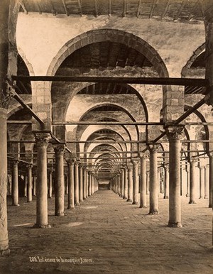 view Mosque of Amr Ibn El-Aas (Hambro Mosque), Egypt: interior colonnade. Photograph by Jean Sébah, ca. 1890.