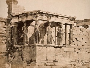 view The Erechtheum, the Acropolis, Greece: detail showing the Caryatides. Photograph (by Petros Moraites ?), ca. 1870.