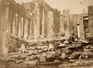 view Athens: the Acropolis, showing part of the Propylea and the temple of Athena Nike, in ruins. Photograph by Petros Moraites, ca. 1870.