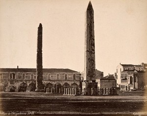 view The Hippodrome, Istanbul, Turkey: the obelisk of Theodosius (right) , the Serpent Column (centre), and the column of Constantine Porphyrgenitus (left). Photograph by Guillaume Berggren, ca. 1880.