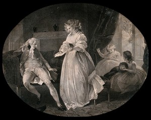 view A wife surprises her husband by showing him evidence of his gambling debts, and reveals that she has covered his debts by betting against him. Stipple engraving by J. Strutt after T. Stothard.