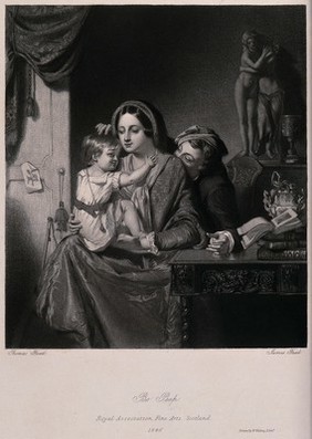 A tight-knit family group with the father playing a game of "Bo-Peep" with the child over the mother's shoulder. Mezzotint by James Faed after Thomas Faed.