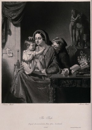 view A tight-knit family group with the father playing a game of "Bo-Peep" with the child over the mother's shoulder. Mezzotint by James Faed after Thomas Faed.