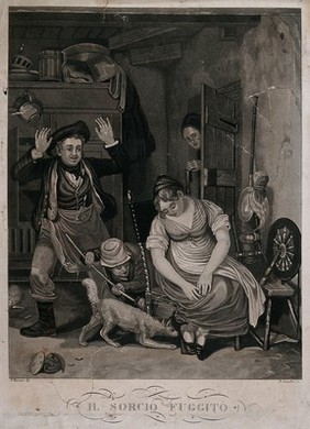 A family scene where a mouse seems to have escaped from a type of trap and is being pursued by a child with a broom and a dog. Aquatint by D. Landini after J. Burnet.