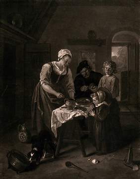 A family group inside their cottage with a meal being served by the mother and a dog upsetting a cooking pot. Mezzotint after Jan Steen.