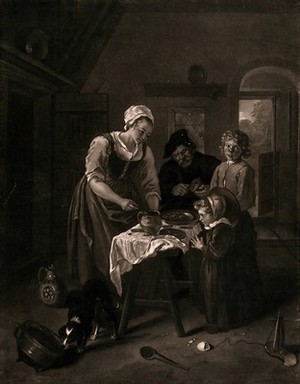 view A family group inside their cottage with a meal being served by the mother and a dog upsetting a cooking pot. Mezzotint after Jan Steen.