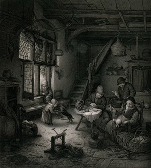 view A family in a hovel with a woman tending a child, the men looking on and a child playing with a dog. Engraving.