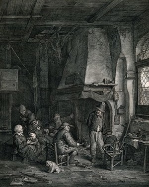 view A family group in a hovel sitting around a fire with bread and meat on the table. Engraving by Cornelis de Visscher after A. van Ostade.