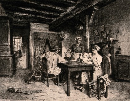 A family round a table with a young woman feeding her baby with her mother preparing a meal. Etching by Ch. Courtry after L. Lhermitte.