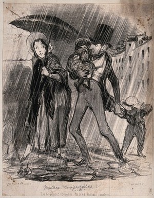 view A family group out in heavy rain, the woman is under an umbrella, the disgruntled husband is following with two children. Lithograph.