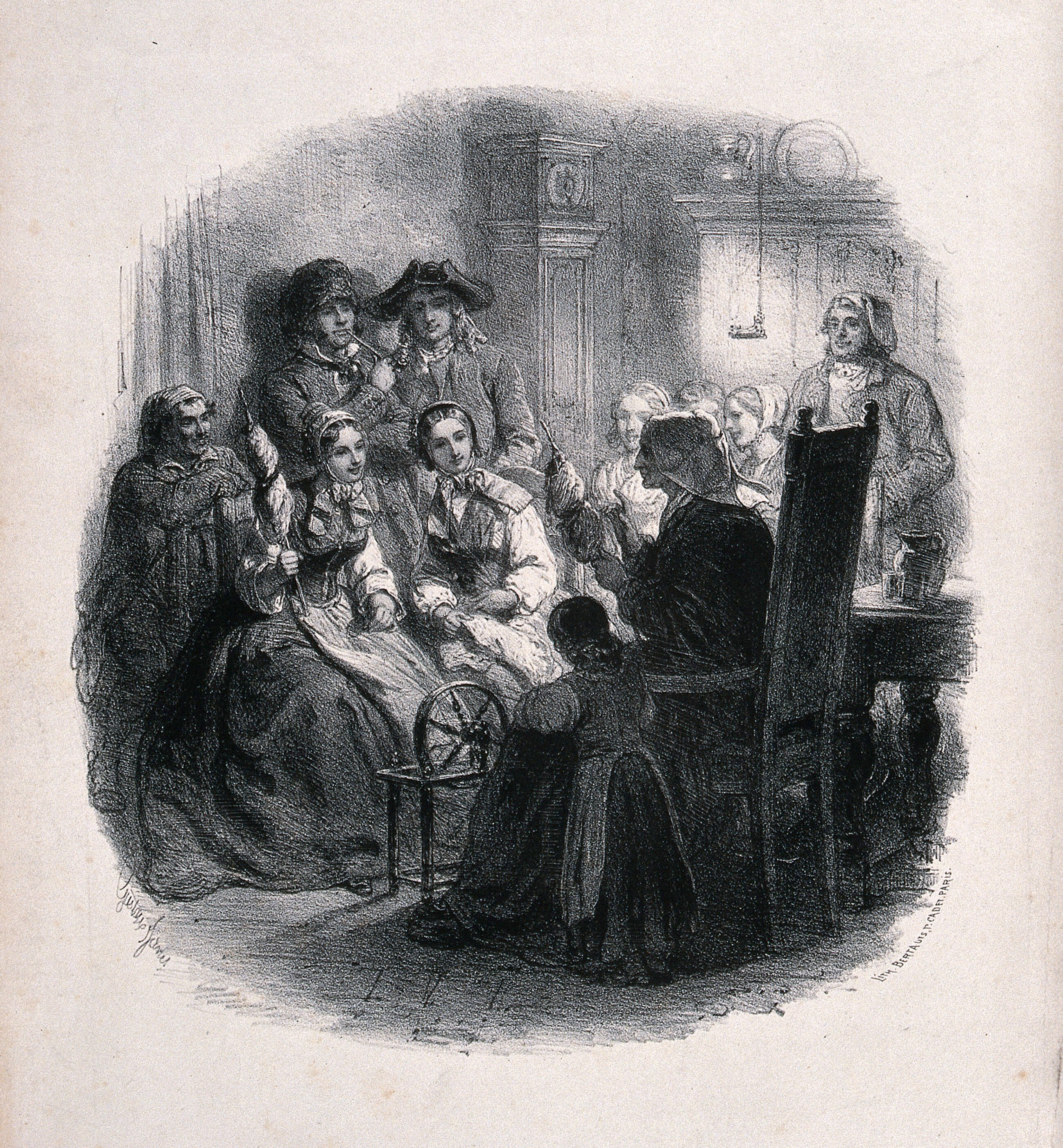 A Group Of People Gathered Around An Old Lady Sitting By A Spinning Wheel Holding A Spool Of Yarn Lithograph By Gustave Janet Wellcome Collection