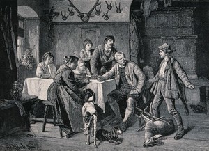 view A young man proudly brings the first roebuck he has killed to show his family. Wood engraving after A. Eberle.