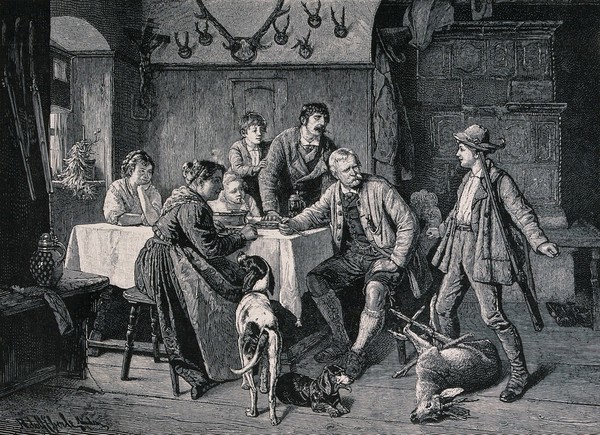 A young man proudly brings the first roebuck he has killed to show his family. Wood engraving after A. Eberle.