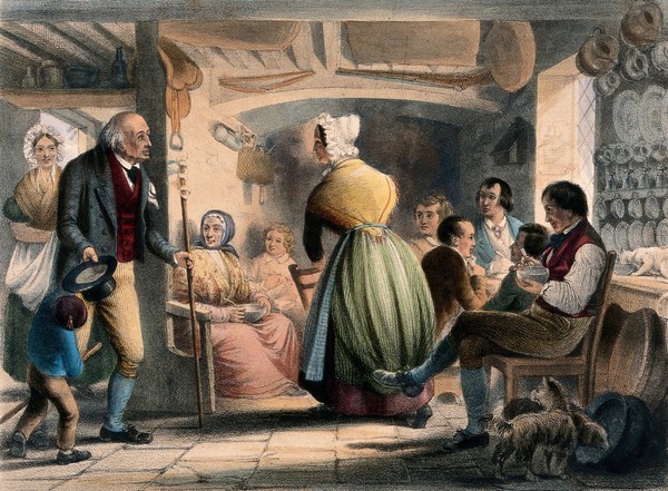 A woman is drawing up a chair for a gentleman who has joined a group of people sitting in a kitchen area. Coloured lithograph by J.C.Rowland.