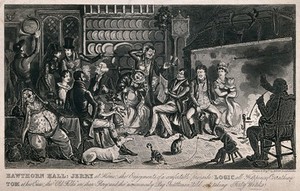 view Tom and Jerry at Jerry's house in Somerset with their companions seated around a fireplace, with a man reading something amusing. Aquatint by R. Cruikshank, 1830.