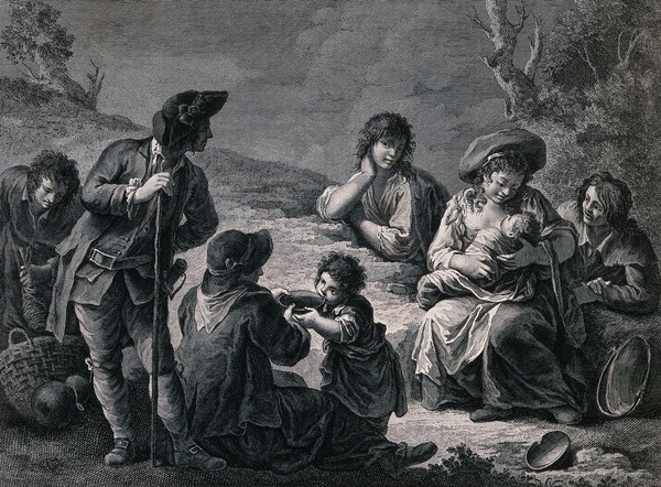 A gypsy family partaking of food and wine while resting from their travels. Engraving by Franco Pedro after F. Maggiotto.