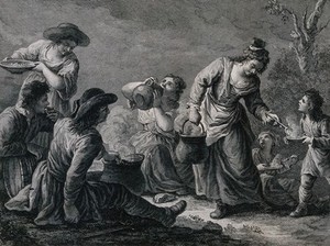 view A travelling gypsy family enjoying a rest and a meal of soup, bread and wine. Engraving by F. Pedro after F. Maggiotto.