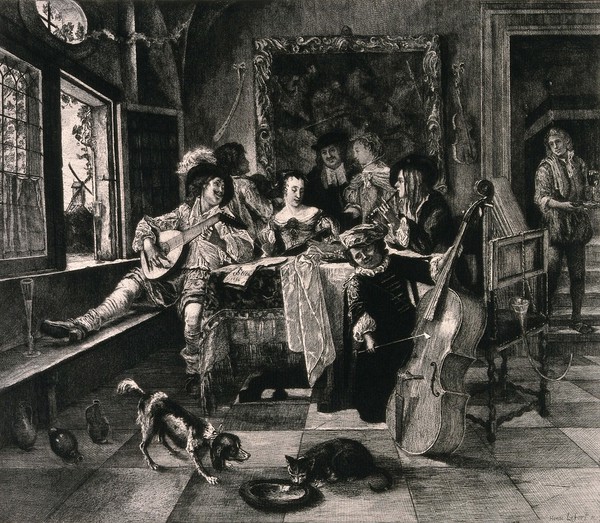 A family group of musicians with three members playing instruments and others listening and looking on. Etching by Henri Lefort after Jan Steen.