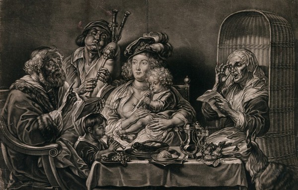 A family singing and making music around a table. Mezzotint after Jacob Jordaens.
