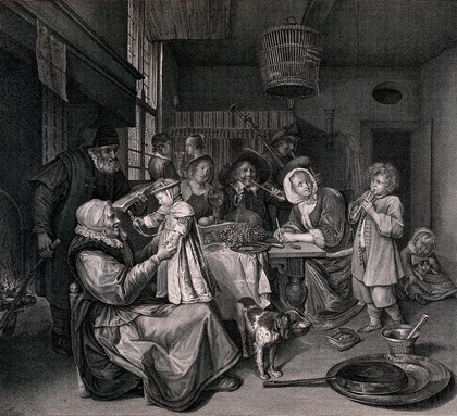 A family group gathered around a fireside table singing and playing musical instruments. Engraving by Villain after Duchemin after Jan Steen.