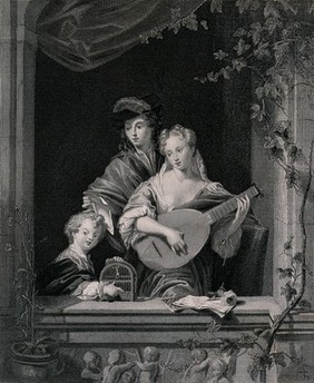 A family with a young child by an open window singing together with the woman playing an instrument. Engraving by W.H. Pyne after Philip Vandyke.