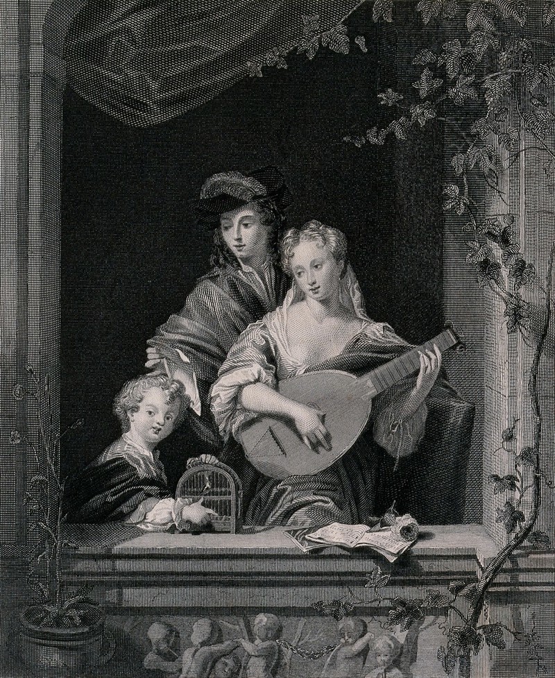 A family with a young child by an open window singing together with the woman playing an instrument. Engraving by W.H. Pyne after Philip Vandyke., by Philip van Dijk