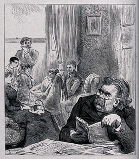 A man who is trying to read being disturbed by a family in conversation. Wood engraving by Swain after F. Barnard.