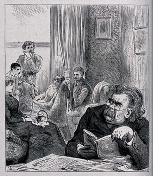 view A man who is trying to read being disturbed by a family in conversation. Wood engraving by Swain after F. Barnard.