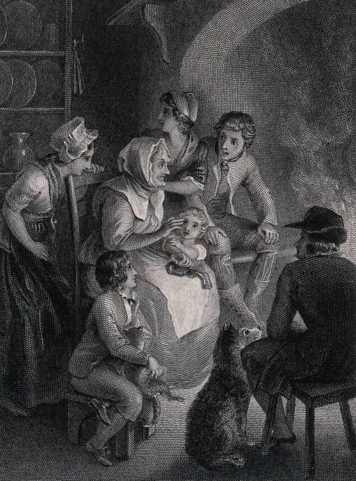 An old woman is telling some children a story which they appear to be disturbed by. Engraving by H.C. Shenton after T. Stothard.