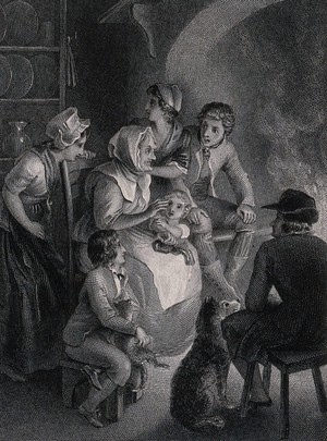 view An old woman is telling some children a story which they appear to be disturbed by. Engraving by H.C. Shenton after T. Stothard.