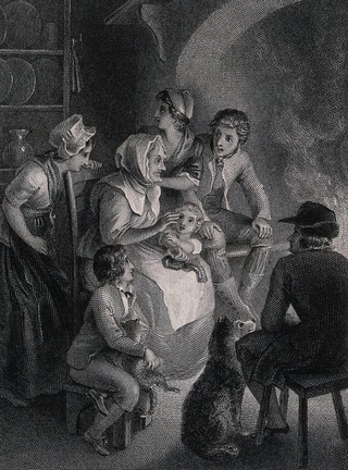 An old woman is telling some children a story which they appear to be disturbed by. Engraving by H.C. Shenton after T. Stothard.